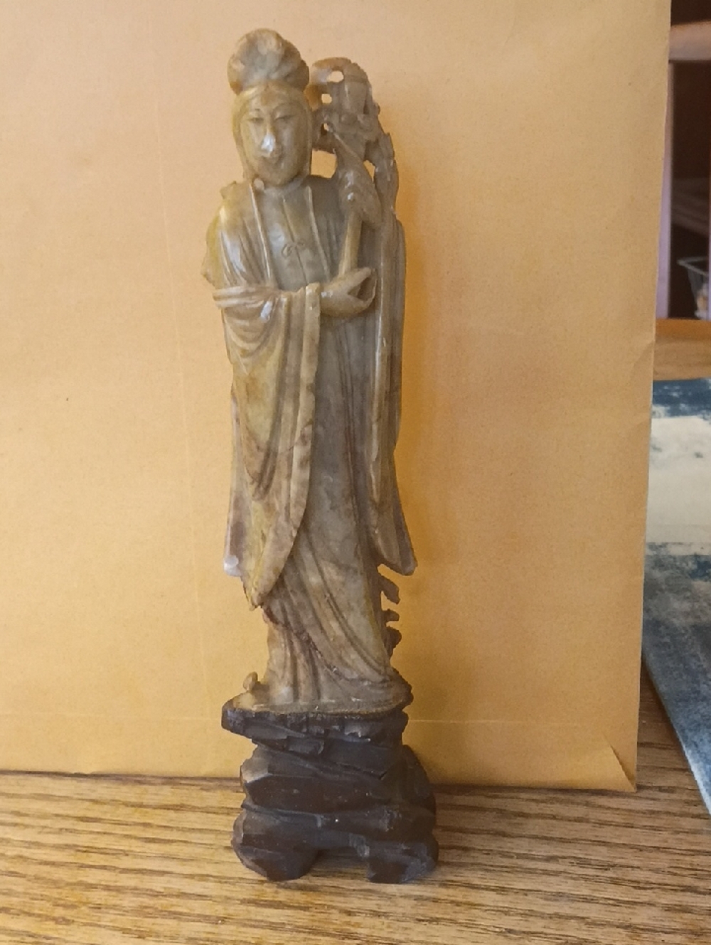 Antique-Style Chinese Carved Jade Or Soapstone Figurine in Tan Color, 8 Inches